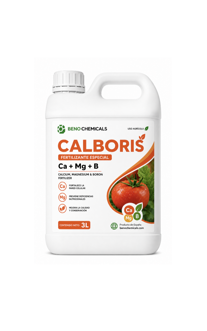 Envase de fertilizante Calboris con tomate en la etiqueta.