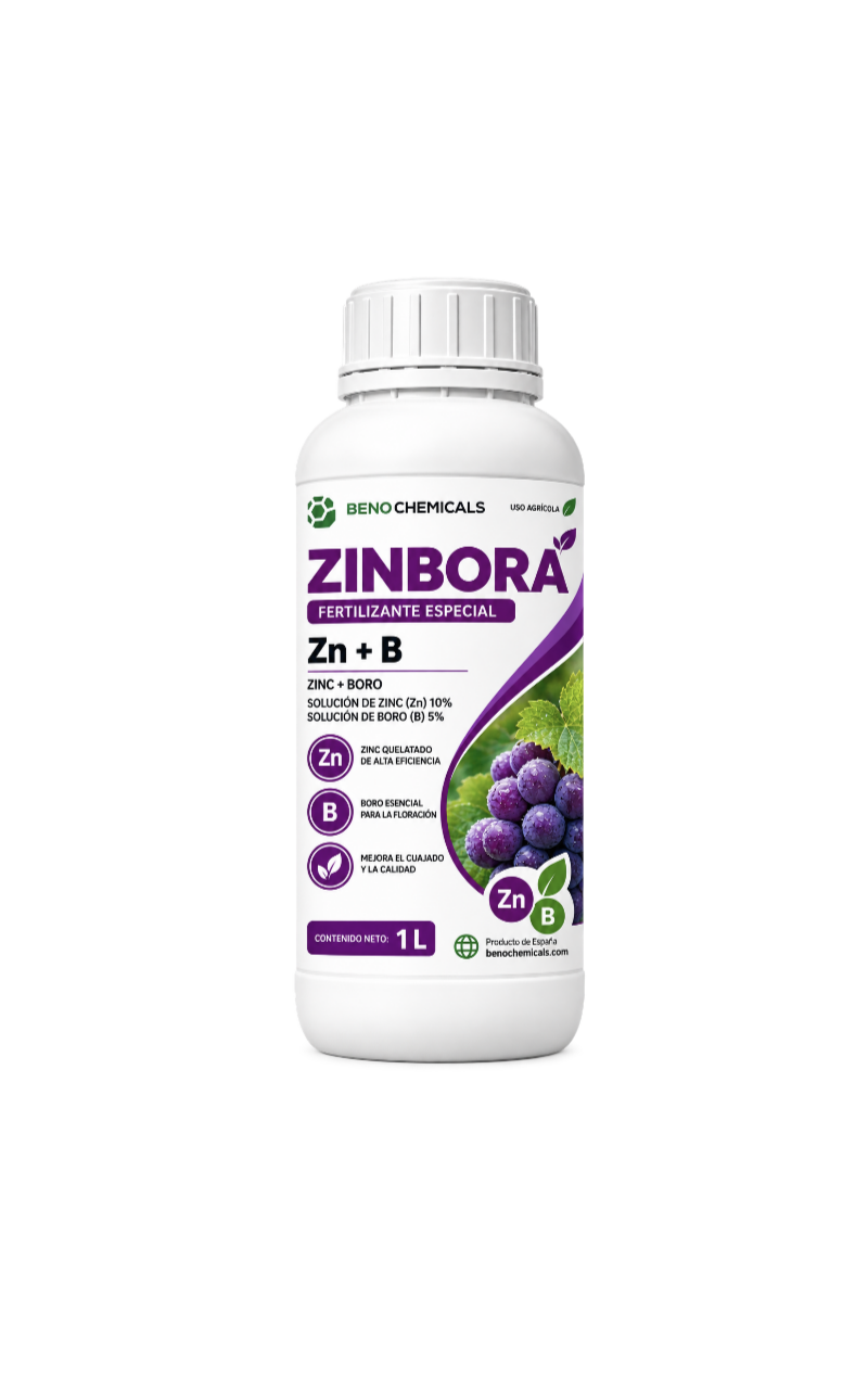 Botella de fertilizante Zinborá con ingredientes de zinc y boro, para uso agrícola, con una etiqueta que muestra uvas en la parte inferior.
