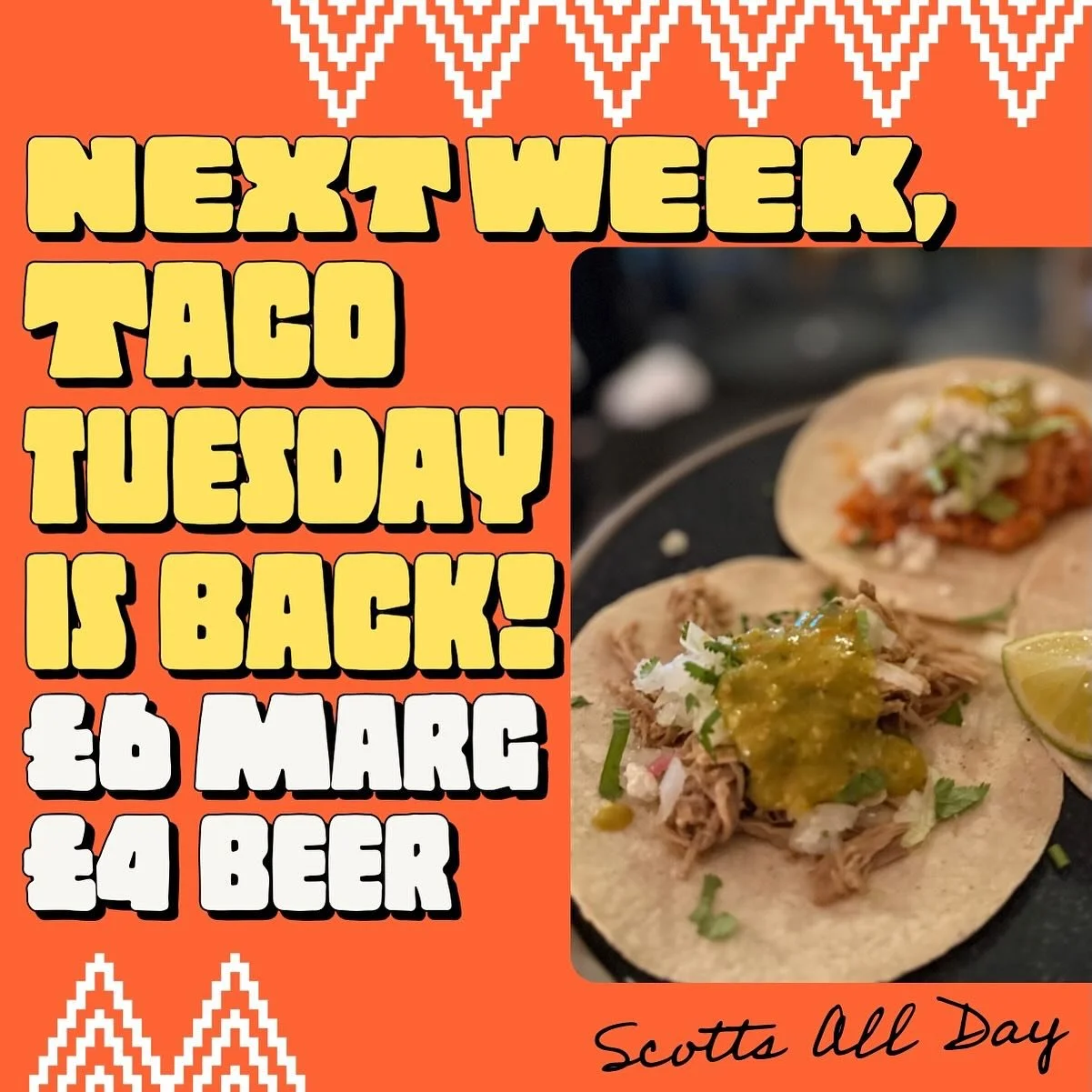 🌮Let&rsquo;s taco bout it
📆Tuesday 14th
Pork Carnitas, Pibil &amp; Beef Birria Tacos
Poblano Pepper, Vegan Tingo &amp; Cactus Tacos (Ve)
Sea Bream Ceviche, Mango Habanero Wings &amp; More
🍸&pound;4 Modelo, &pound;6 Margs

Please book a table as it
