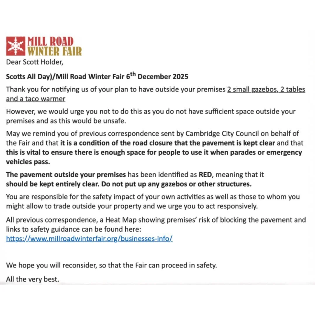 MRWF 2025

Thank you to everyone who came to our stall at the Mill Road Winter Fair on Saturday. It was great to see so many new faces! 

However, it nearly didn&rsquo;t happen. About a month ago we received the above letter which urged us not to tra