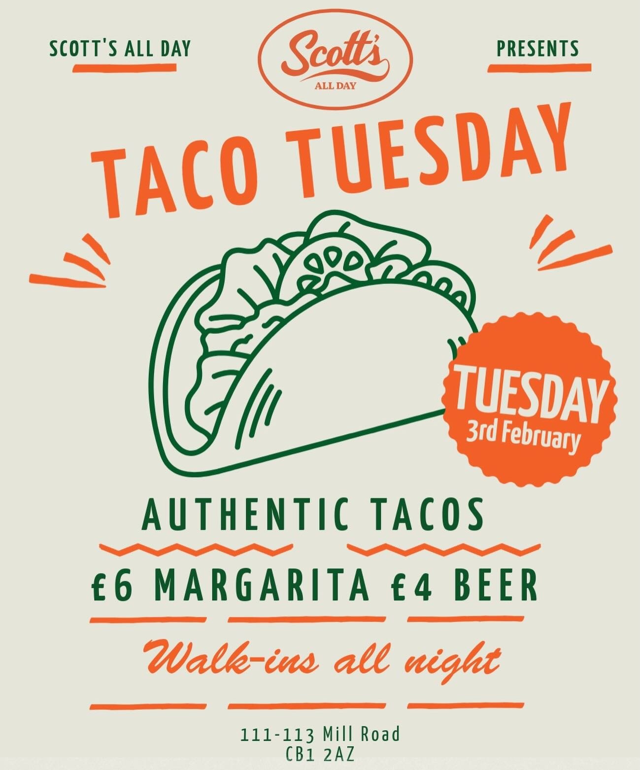 Taco Tuesday is back 🌮🔥
And yes, it&rsquo;s been a long time coming.

Tuesday 3rd February from 5pm
Tacos &amp; vegan tacos (all GF too!)
Mango + habanero wings, ceviche &amp; more
Drinks specials all night 

If this keeps popping off, Taco Tuesday