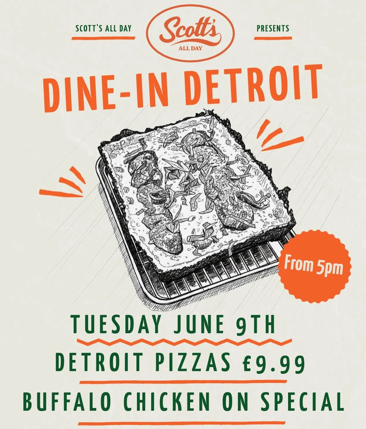 Tuesday crew! Bag yourself a &pound;9.99 Detroit Style Pizza this Tuesday with the purchase of a drink or starter.

Buffalo Chicken Detroit on the specials board.
 
Drinks deals including Old Fashioned &amp; more.

See you there!