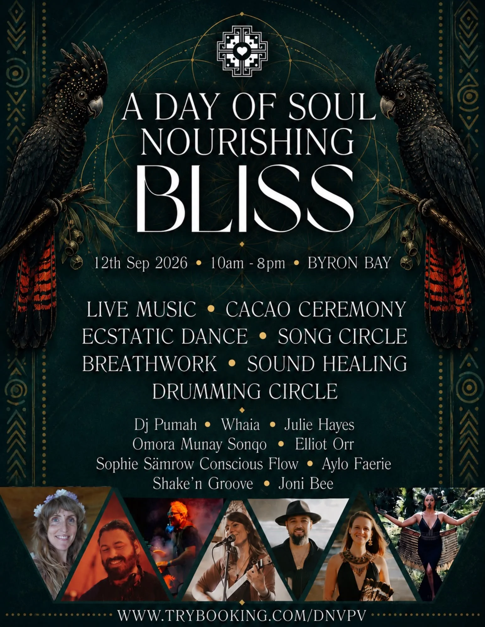 Poster for 'A Day of Soul Nourishing Bless' event scheduled for September 12, 2026, at Byron Bay. Features two black cockatoos on either side, with event details including live music, cacao ceremony, ecstatic dance, song circle, breathwork, sound healing, drumming circle, and list of performers. The design incorporates sacred geometric motifs and a dark background.