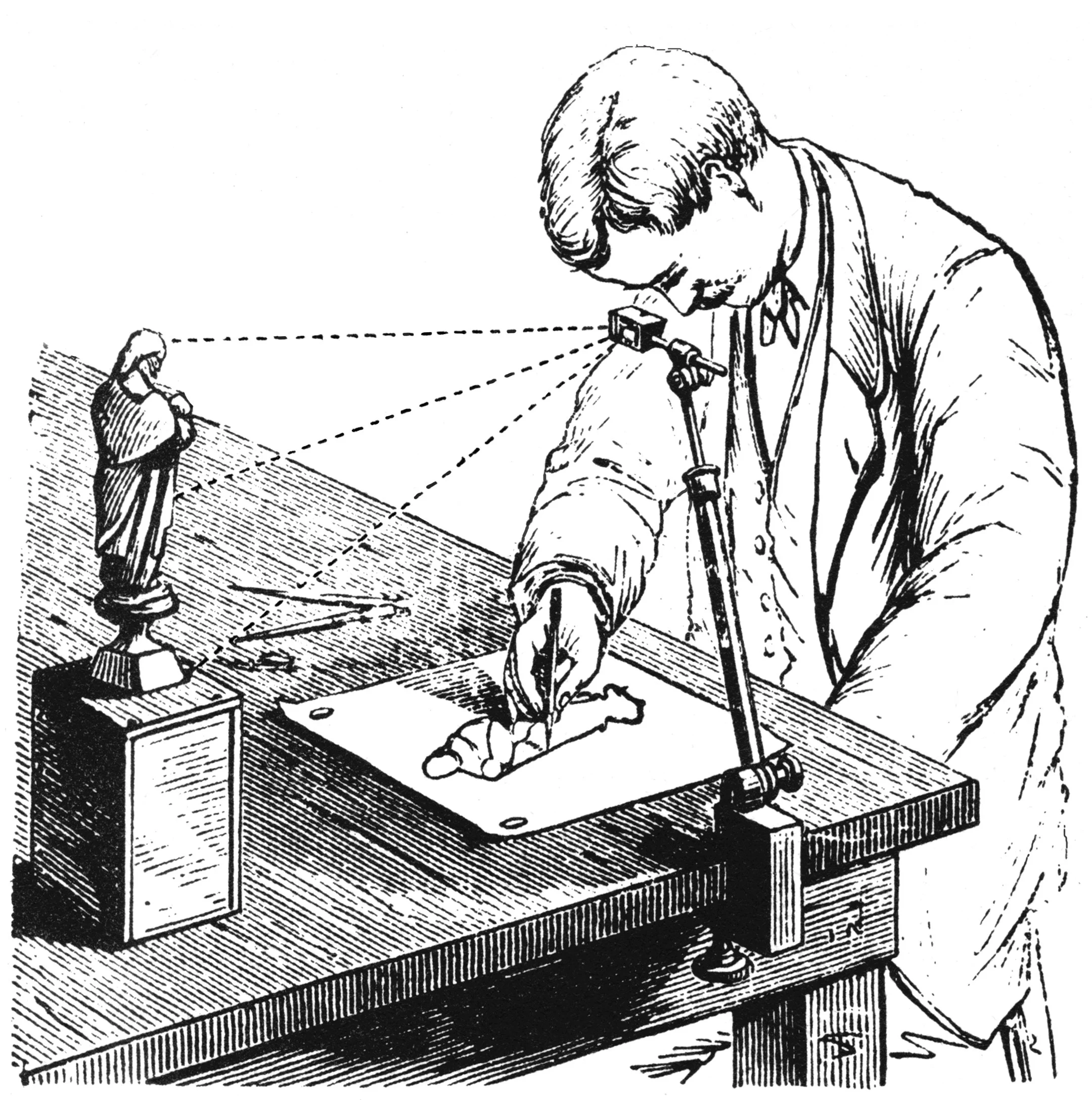 (Fig 2) Camera Lucida in use drawing small figurine.  illustration from the Scientific American Supplement, January 11, 1879. - Wikipedia