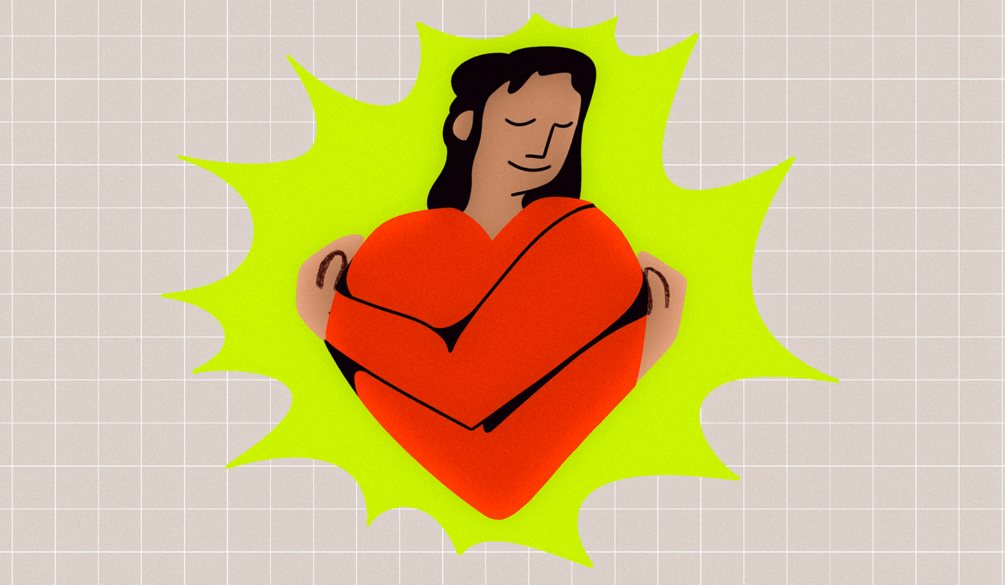 An illustration of a brown skinned person with long black hair and a red sweater hugging themselves in a heart shape