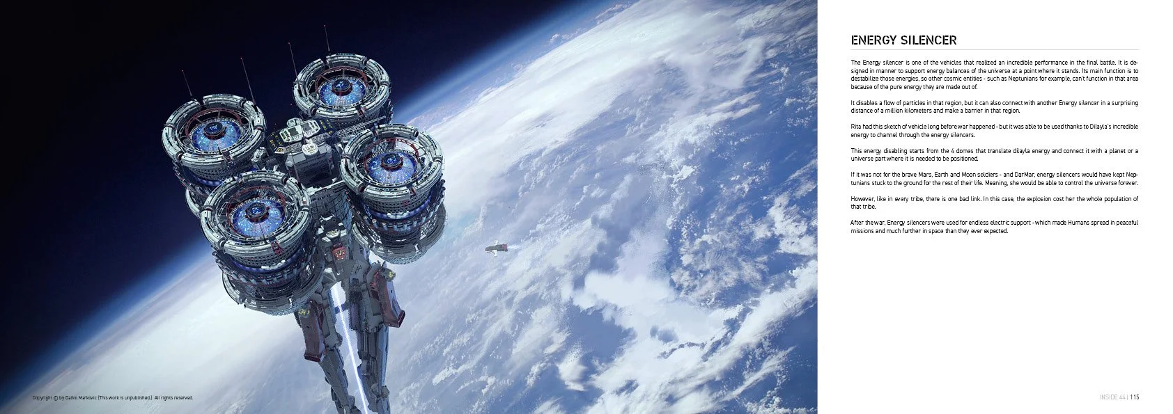 A futuristic spaceship or space station orbiting Earth with a detailed, industrial design and multiple engines or modules, set against the backdrop of Earth's atmosphere and space.