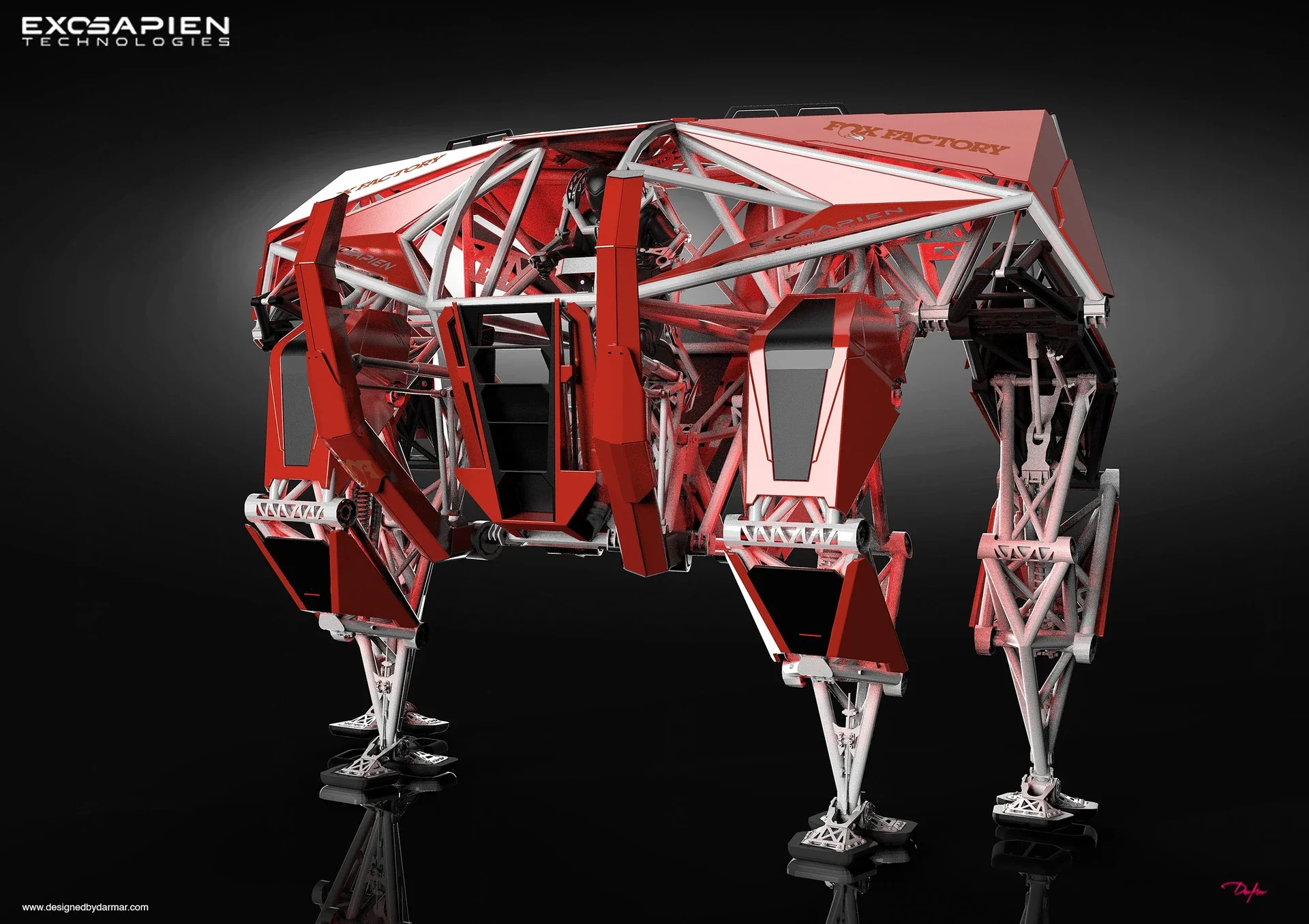 A robotic queen-sized bed designed to resemble a dog, with a metallic and red structure, labeled "ExoSapiens Technologies" and "Fox Factory".