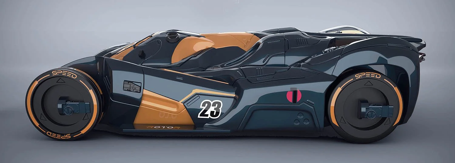 Futuristic racing car with black, gray, and gold coloring, large enclosed wheels, and the number 23 on the side.