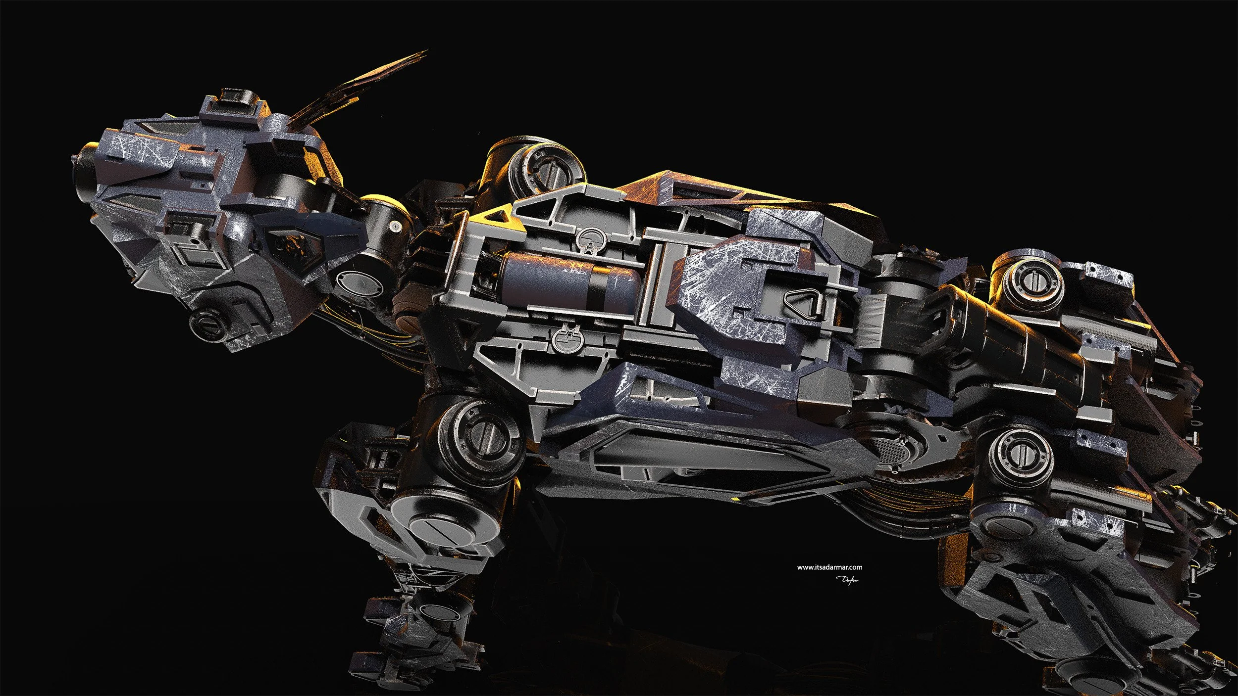 Futuristic robotic panther with metallic armor and mechanical joints, reflecting on a black surface.