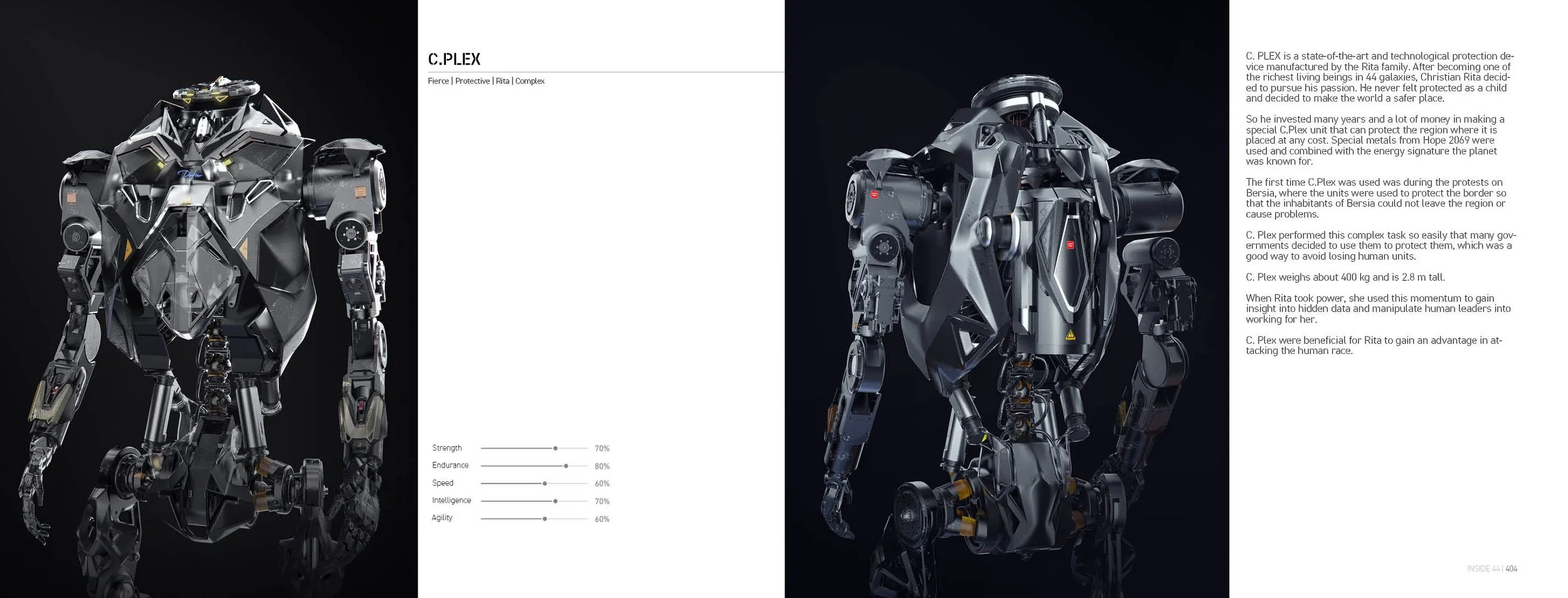 Comparison of two futuristic robots named C. PleX, with detailed mechanical parts, set against a black background, accompanied by descriptive text.