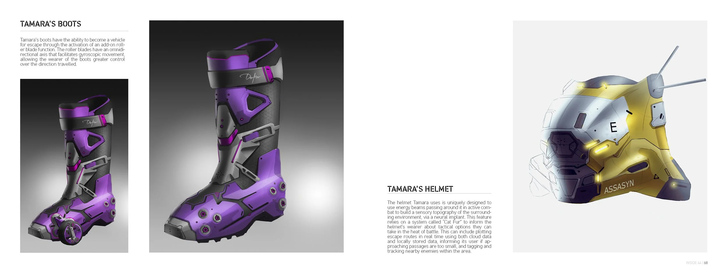 Design sketches of futuristic combat boots in purple and black with mechanical details and a helmet in yellow with technological features, with text descriptions of their functions.