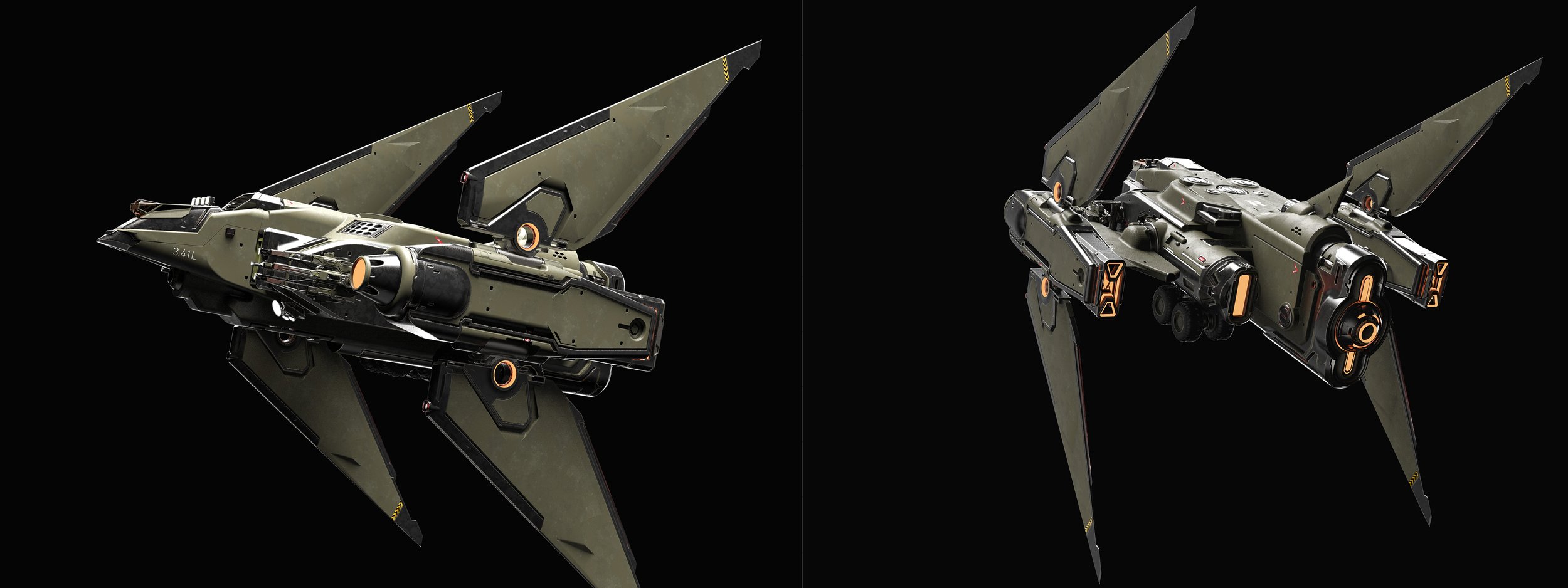 A futuristic military spaceship with angular, military green wings and detailed black and orange components, shown from two different angles against a black background.
