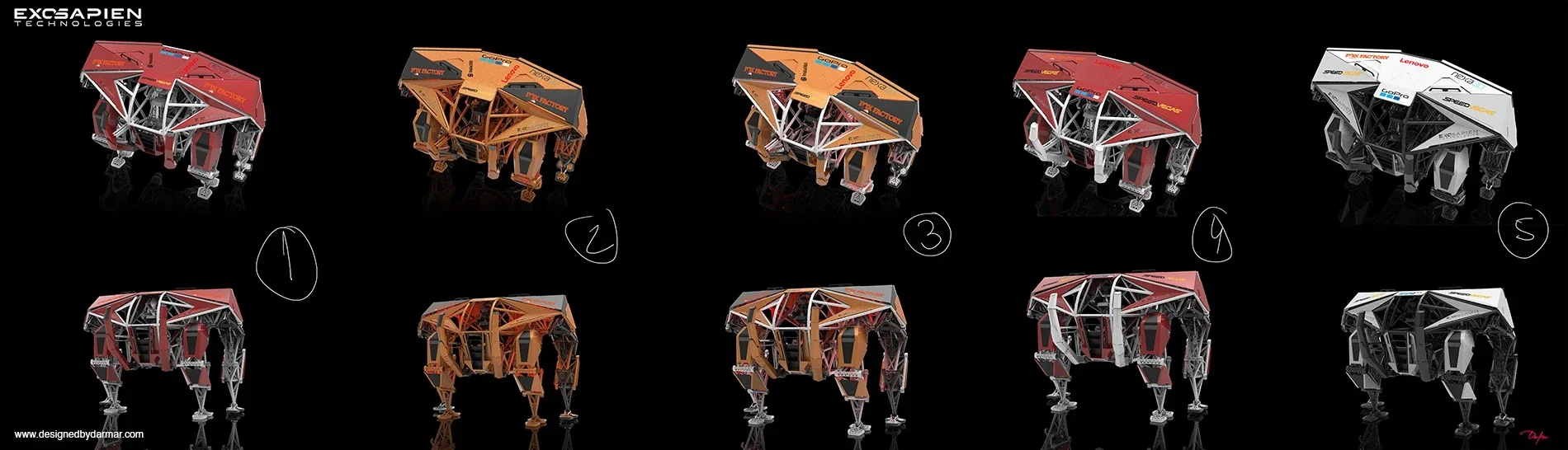 A grid of ten different robotic structures with four-legged designs, each labeled with a number from 1 to 5, showcasing various color schemes and mechanical details against a black background.