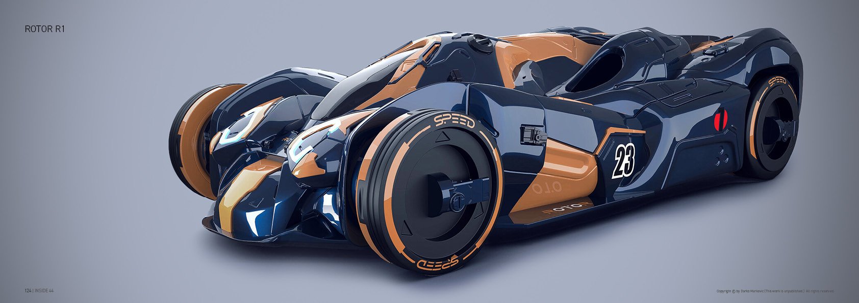 A futuristic race car with a sleek black and orange design, large wheels with orange accents, and the number 23 on its side.