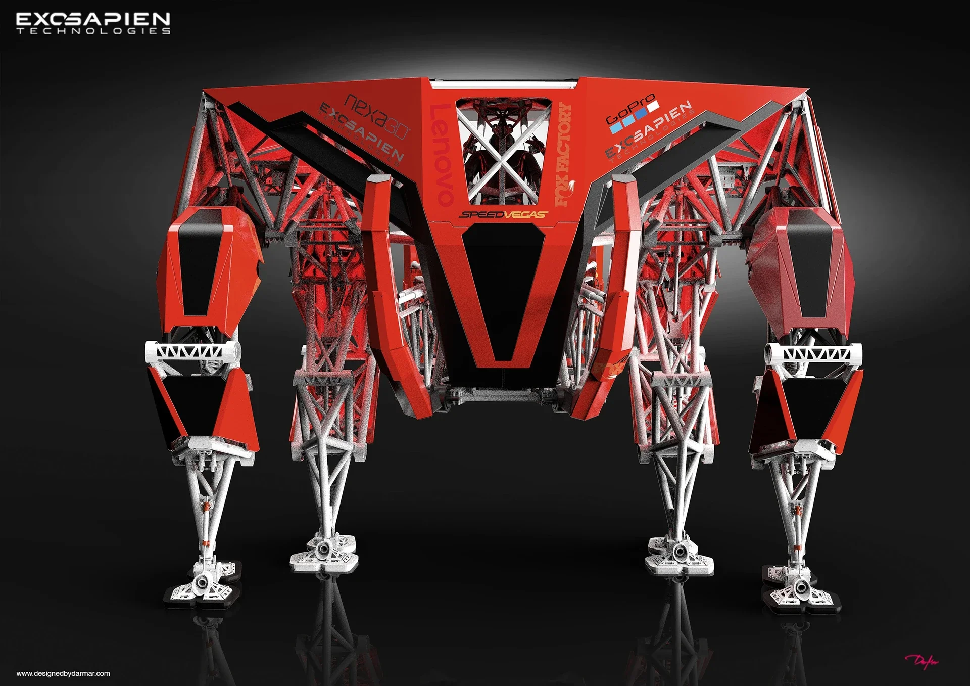A futuristic robot with a red and black color scheme, featuring a complex frame of metallic structural elements and four legs with multiple joints, standing against a dark background.