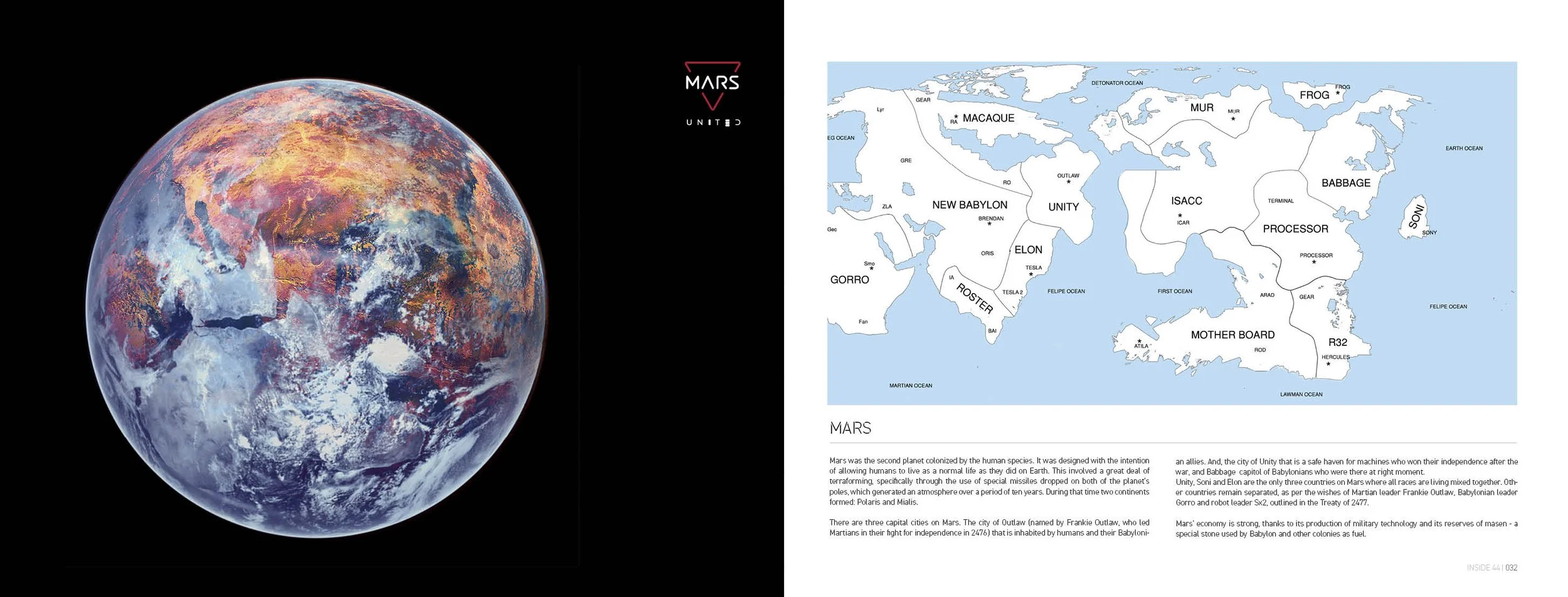 Image of Mars with a galaxy-like surface and a map of its territories and cities on the right, along with descriptive text about Mars and its history.