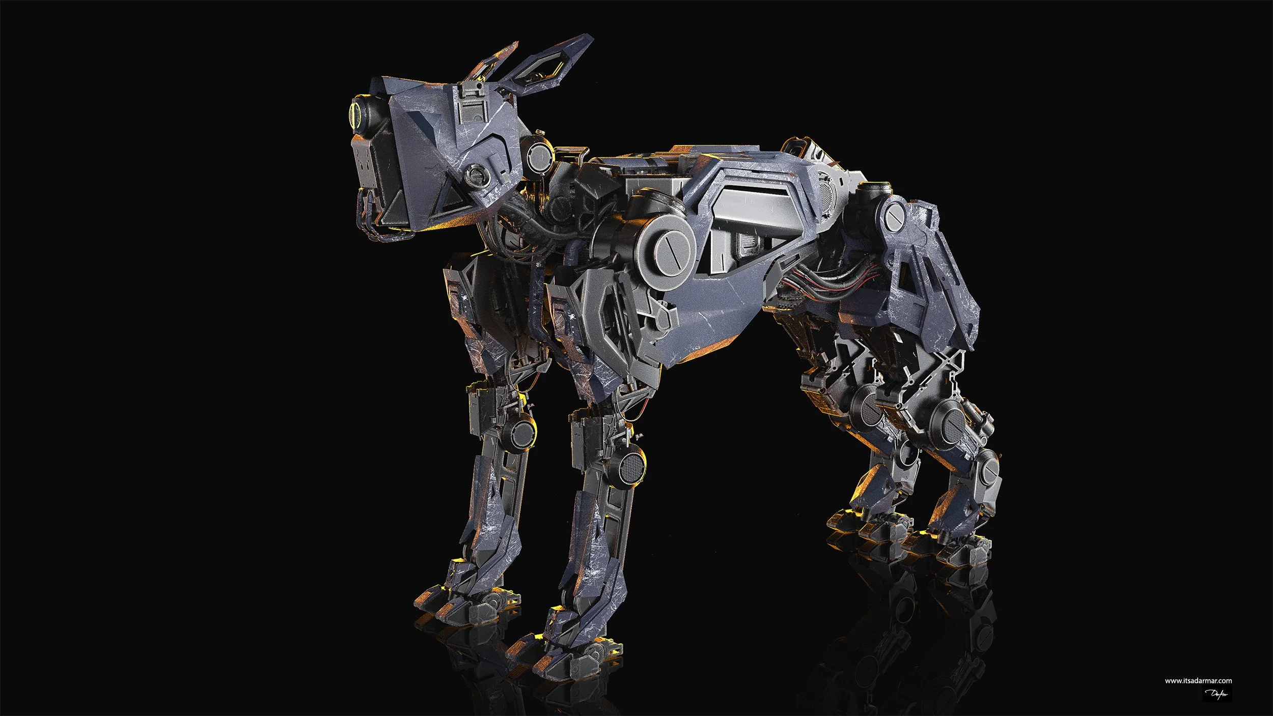 A robotic sculpture of a dog made from metal and mechanical parts, set against a black background.