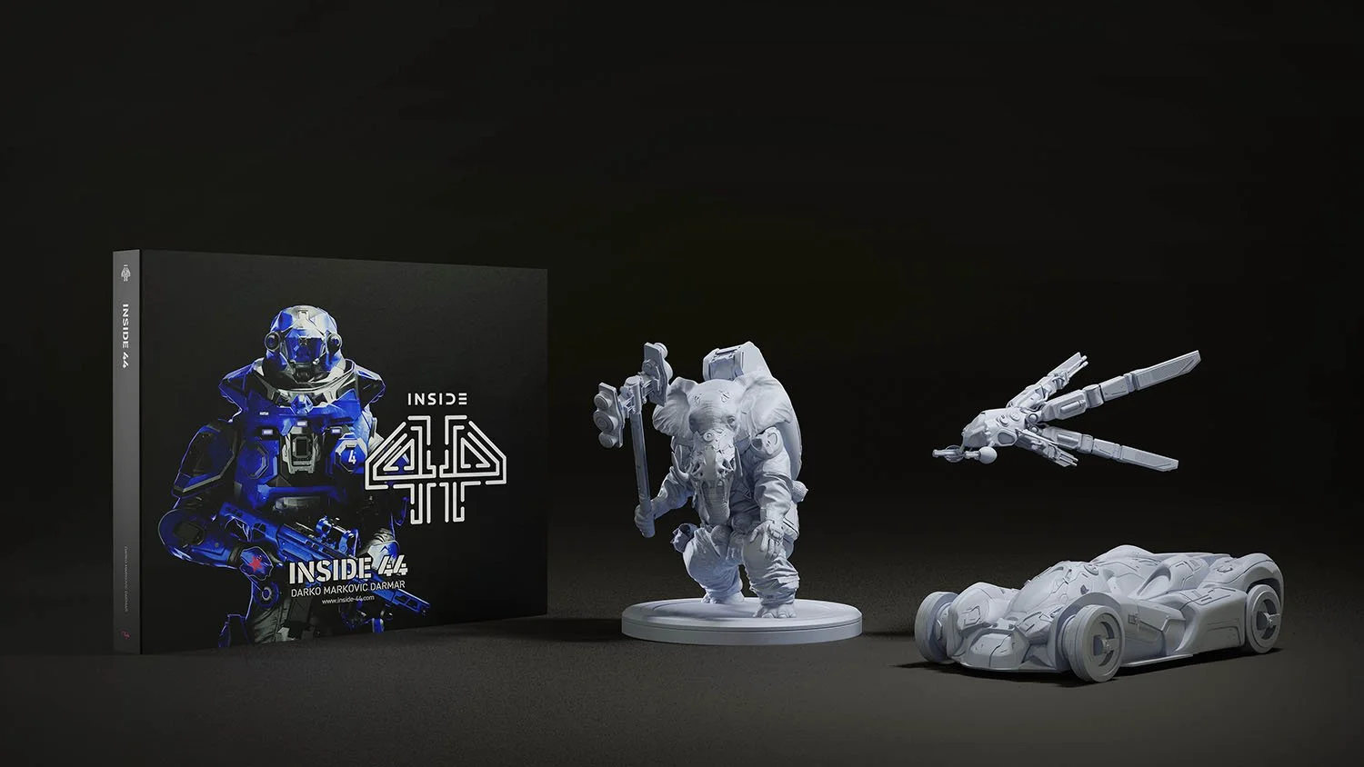 Darko Markovic Darmar's art book 'Inside 44' displayed with three sci-fi miniatures: a humanoid robot in blue armor, a figure of a warrior with a sword, and a flying drone, all against a black background.