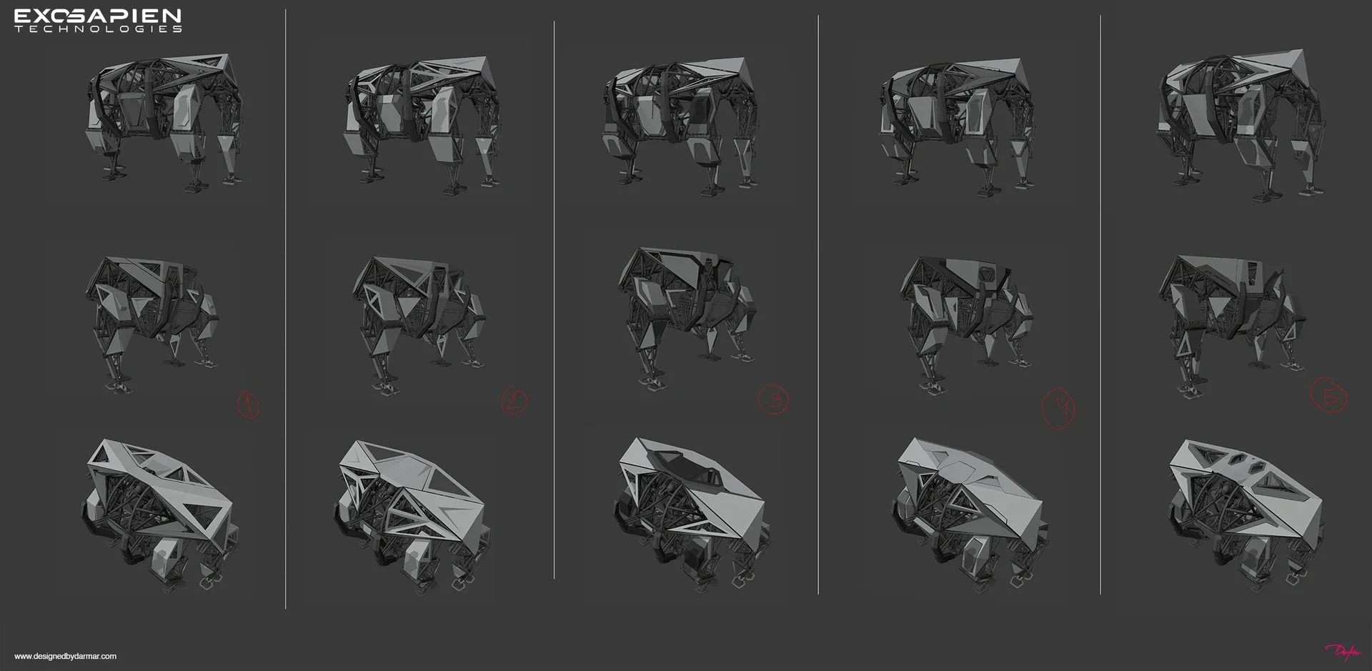 Designs of a robotic quadruped vehicle with an angular metal frame, shown from different angles in a grid. The top row shows front views, the middle row shows side views, and the bottom row shows top views. Each design variation is numbered 1 to 5 in red circles.