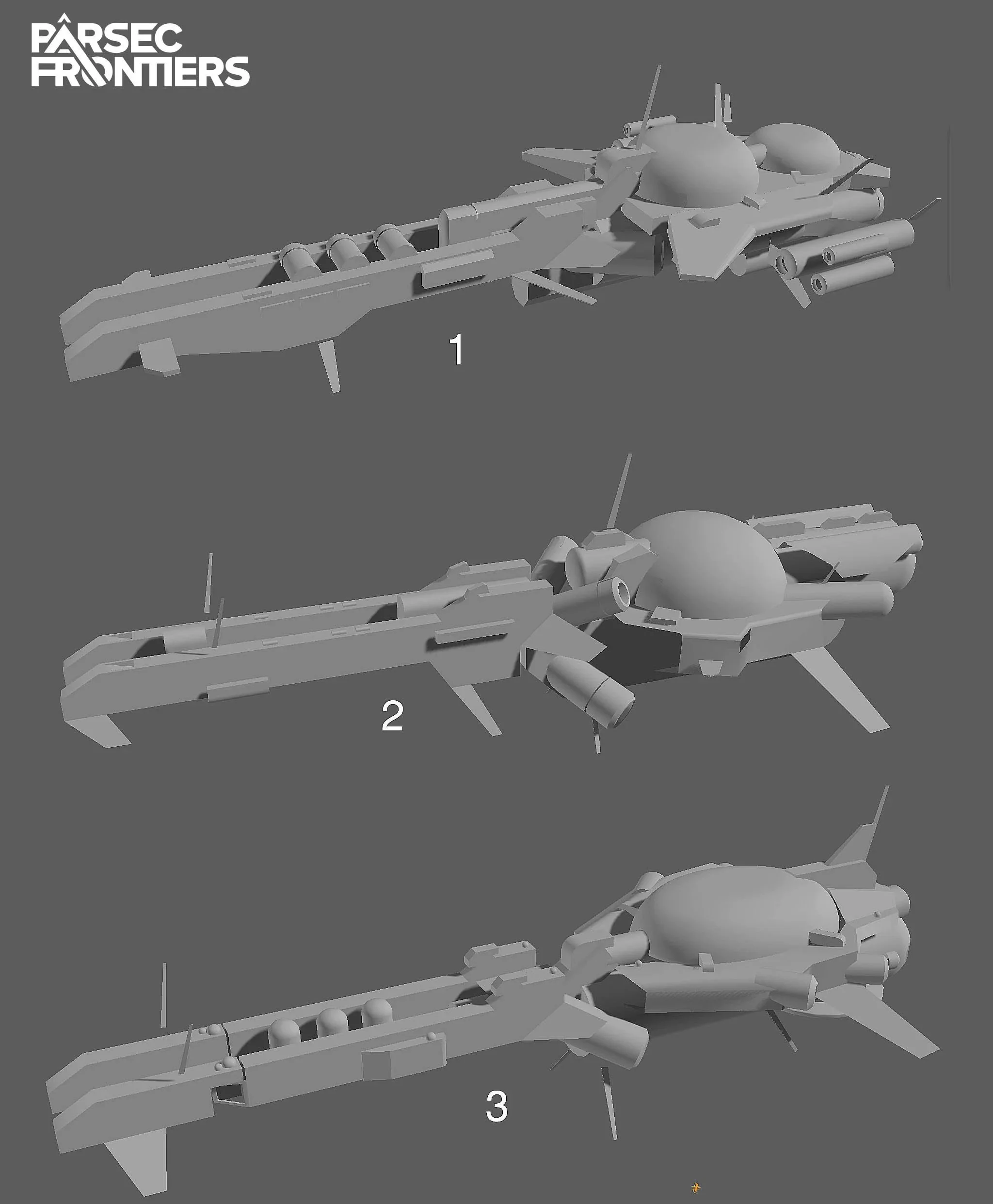 Three grayscale 3D models of futuristic fighter jets with different designs, each labeled with a number 1, 2, and 3, displayed against a dark background with the 'Parsec Frontiers' logo in the top left corner.
