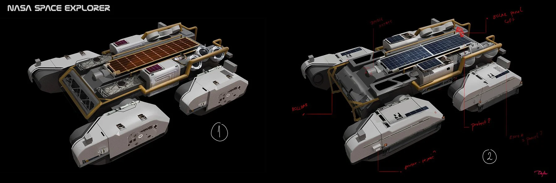 Diagram of a NASA space explorer vehicle with annotations pointing to components such as solar panels, a foldable design, and protective features.