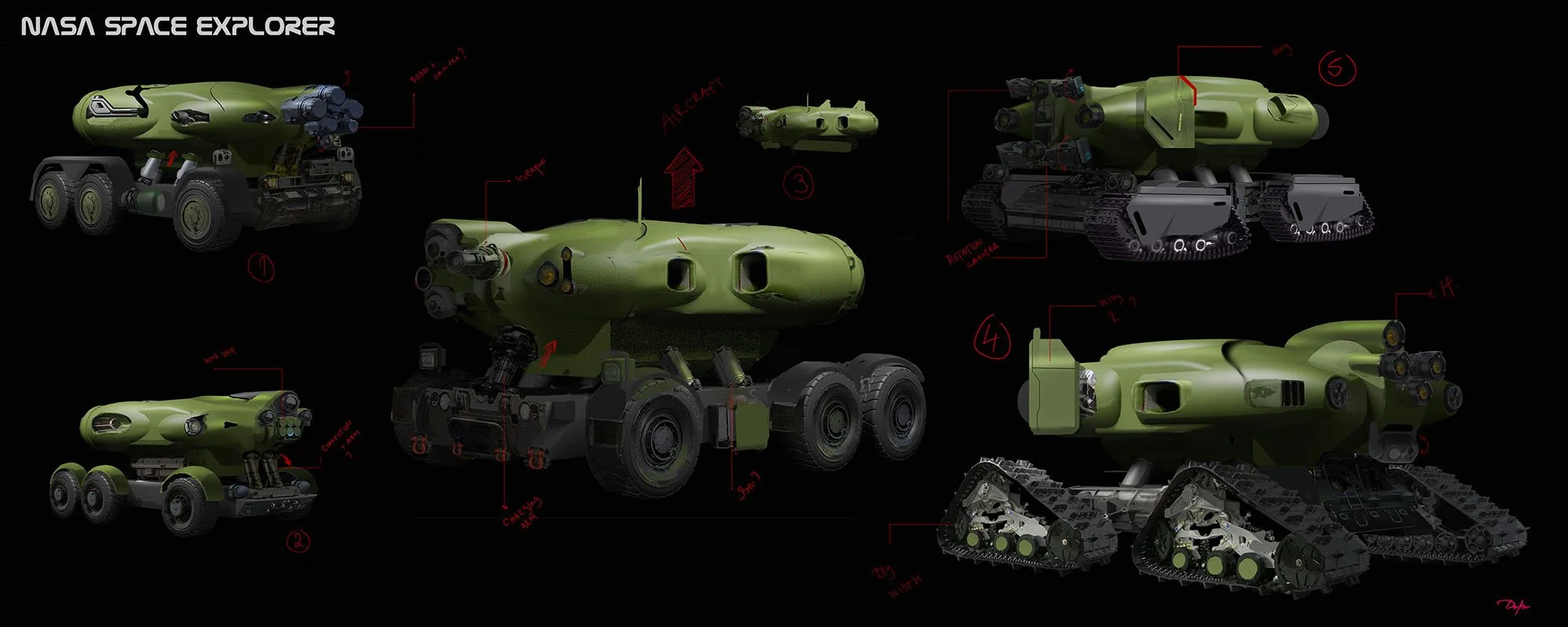 Diagram of a NASA Space Explorer vehicle with multiple angles and annotated labels in red text pointing out features such as weapons, engine, and tracks, set against a black background.