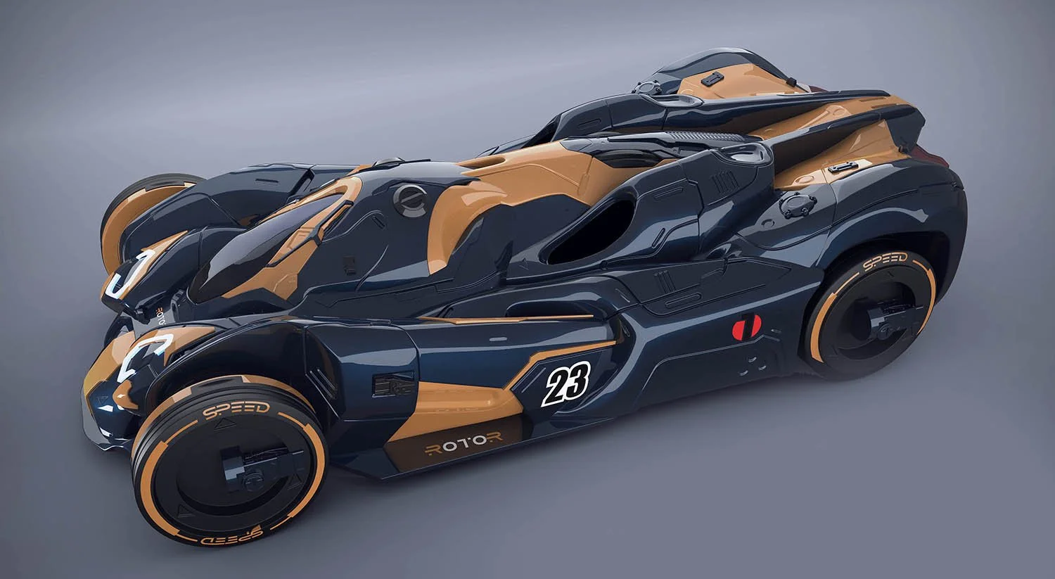 A futuristic, black and gold racing vehicle with a sleek, aerodynamic design, large wheels, and the number 23 on its side.