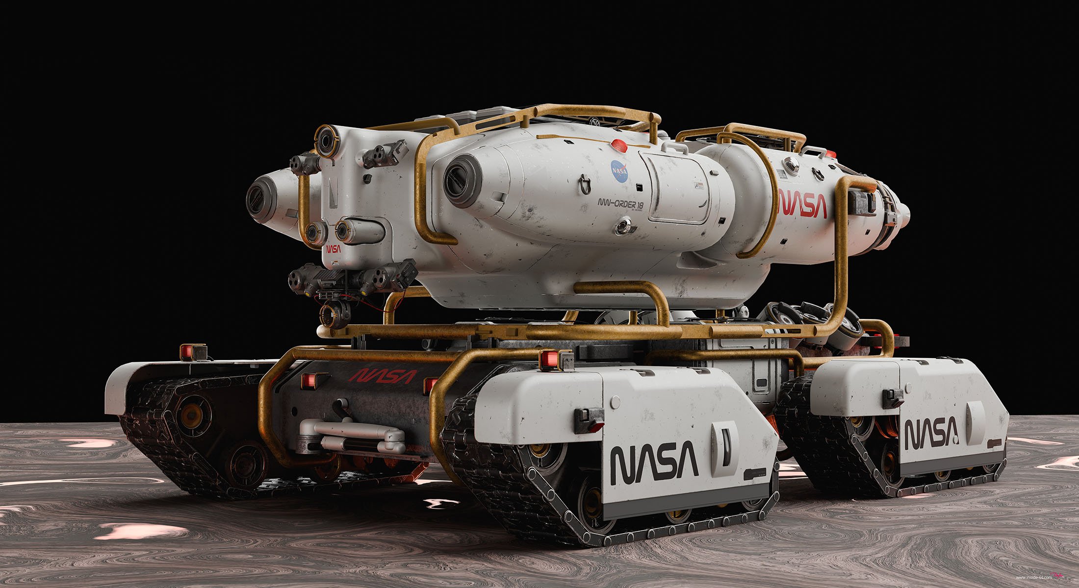 A detailed robotic rover with NASA and space agency markings, equipped with treads for terrain navigation, placed on a planet surface with a black background.