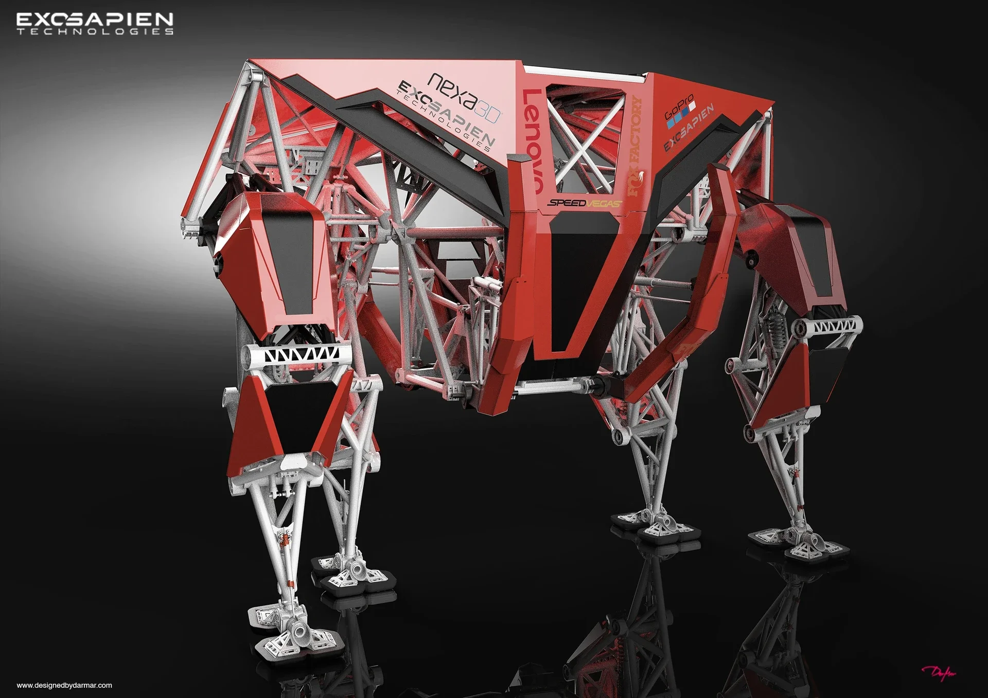 A robotic dog with a complex metal frame and red panels, branded with various tech logos, standing on a reflective black surface.