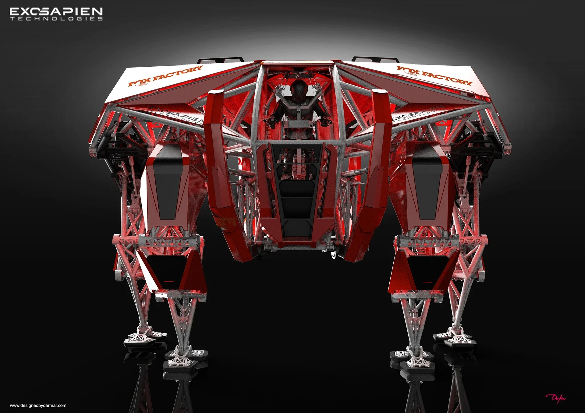 A detailed futuristic robot with a humanoid pilot inside, featuring a metallic red and silver framework, with multiple supporting structures, and branding for ExoApen Technologies and Fox Factory.