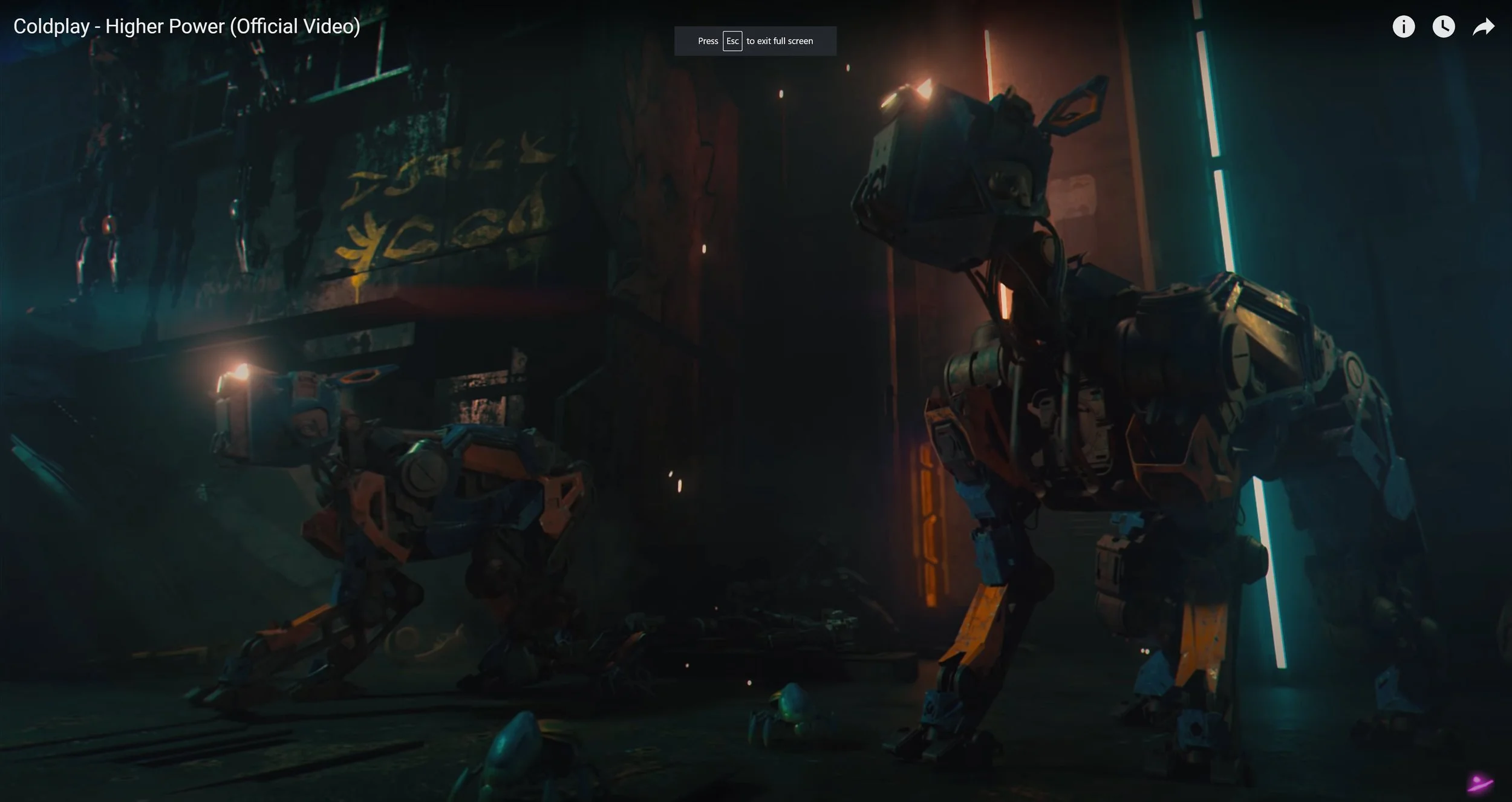 A dark scene featuring two large, robotic dinosaurs in a futuristic, industrial setting illuminated by neon and orange lighting.