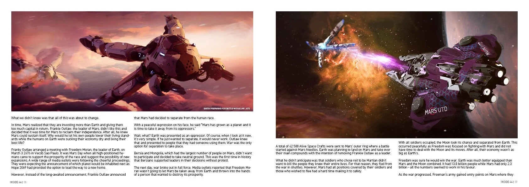 Two large spacecrafts in space, engaged in a battle scene with bright explosions and laser effects, against a backdrop of stars and a planet.