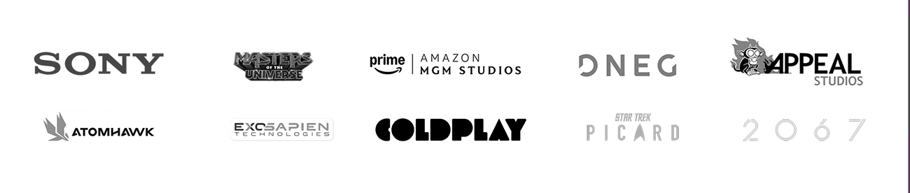 A collection of logos for various entertainment and technology companies and franchises, including Sony, Masters of the Universe, Amazon, MGM Studios, DNEG, Appeal Studios, AtomHawk, ExoSAPIEN Technologies, Coldplay, Star Trek Picard, and the year 2007.