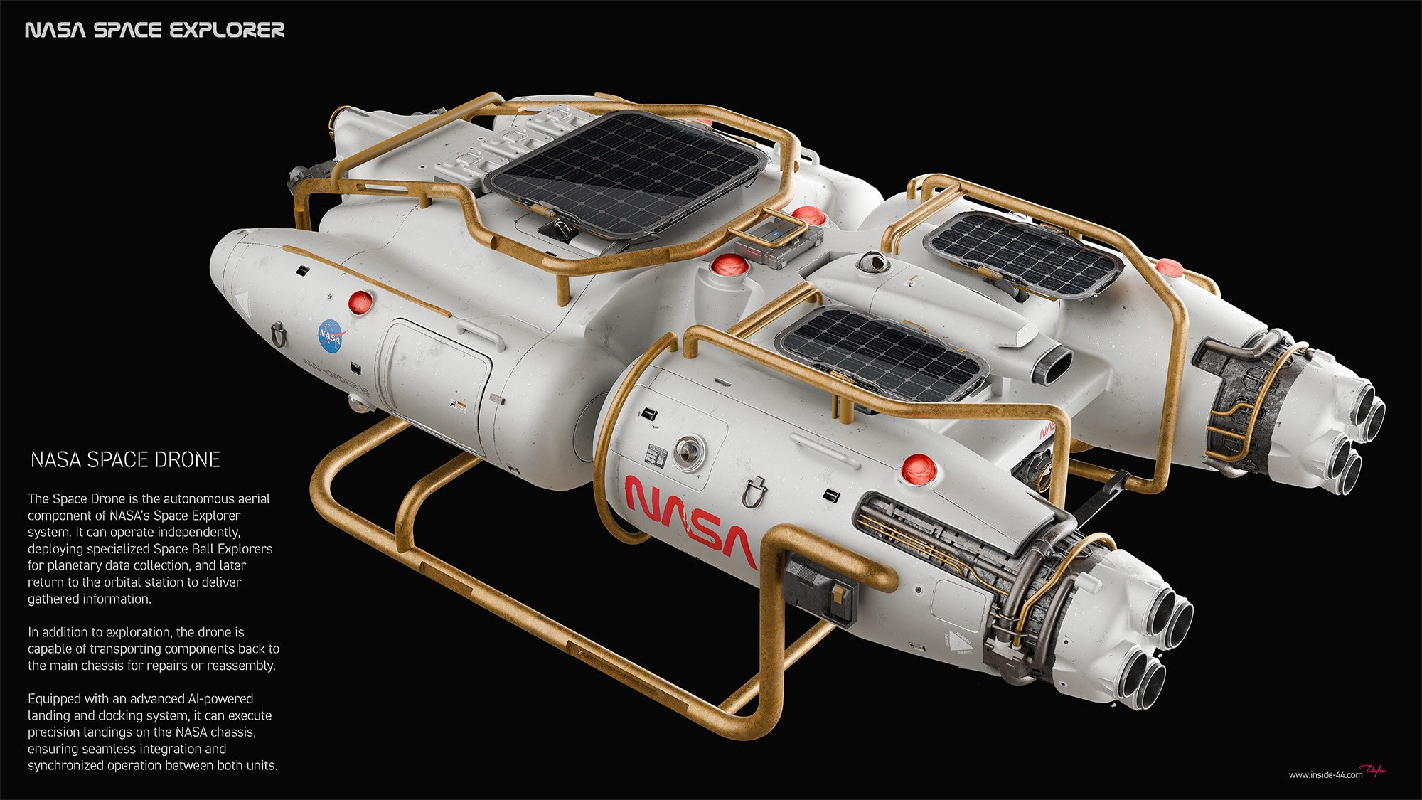 A NASA space drone with a white body and gold piping, featuring solar panels, thrusters, and control modules, labeled with NASA and NASA Space Explorer logos, displayed against a black background.