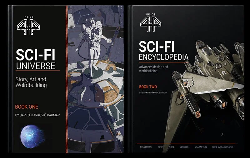 Two books titled 'Sci-Fi Universe' and 'Sci-Fi Encyclopedia' by Darko Markovic Darmar, featuring sci-fi themed cover art with a baseball player robot and a futuristic spaceship.