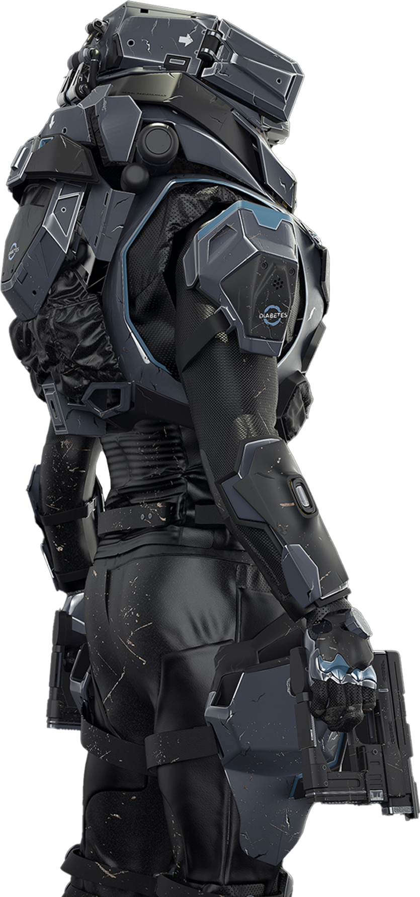 A futuristic soldier in black armor with blue accents and scratches, holding a gun, with a robotic helmet and a visor display reading 'Diabetes'.
