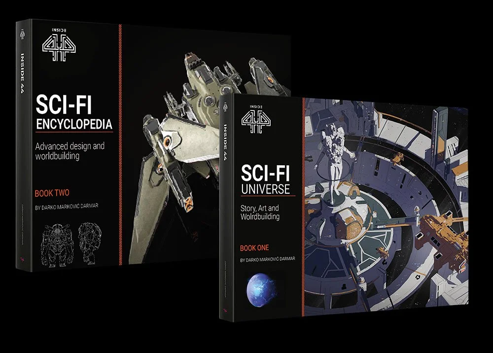 Two science fiction encyclopedia books by Darko Marković Darmar, one titled "SCI-FI UNIVERSE" with space art and the other "SCI-FI ENCYCLOPEDIA" with artwork of a robot's hand.