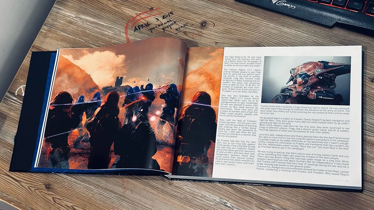 Open book showing two pages: the left page has an illustration of soldiers in combat with smoke and fire, the right page contains text and a small futuristic motorcycle illustration. The book is on a wooden desk with a computer keyboard nearby.