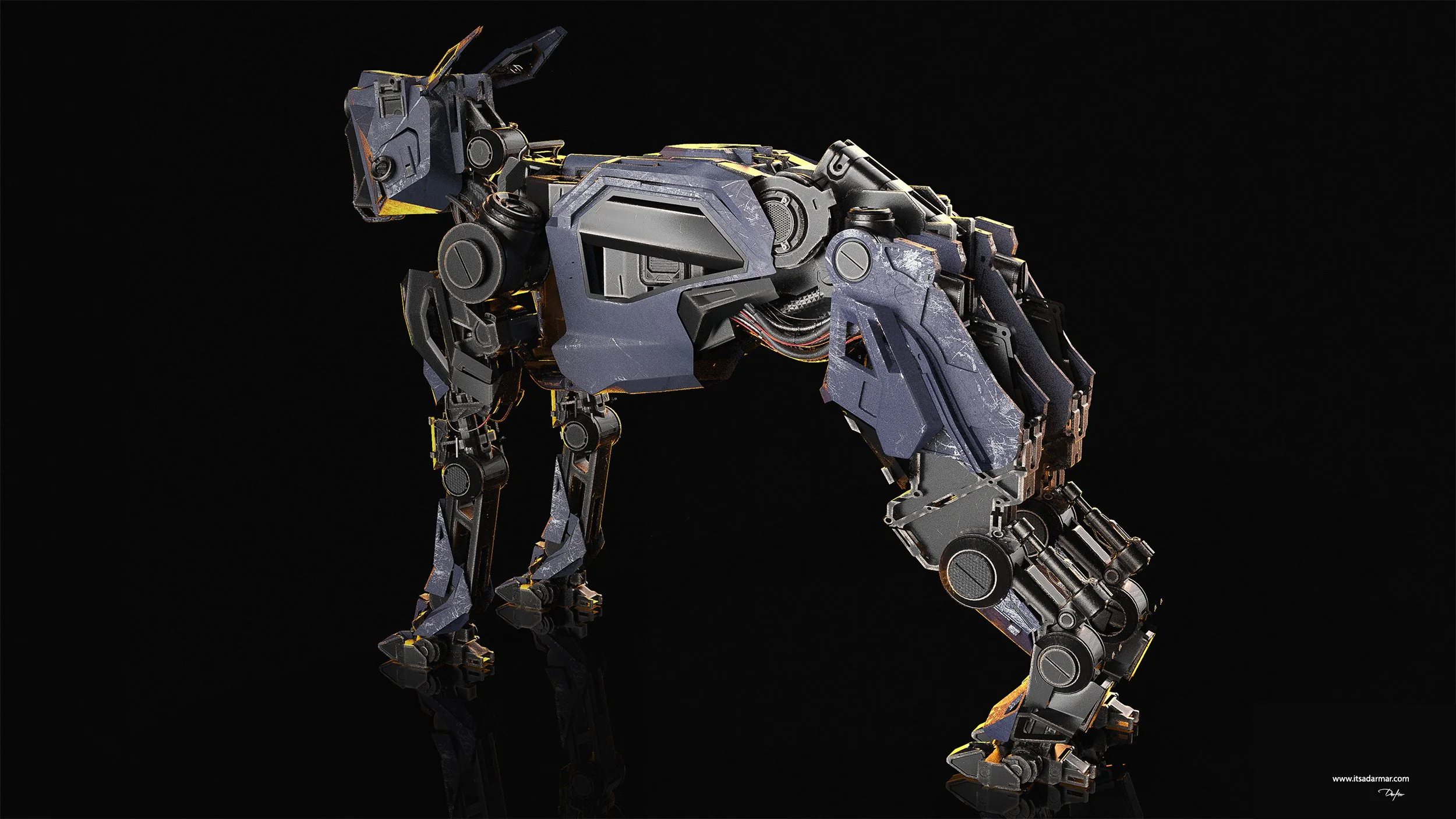 A futuristic robotic dog with a metallic dark gray and black body, illuminated by small yellow accents, set against a black background.