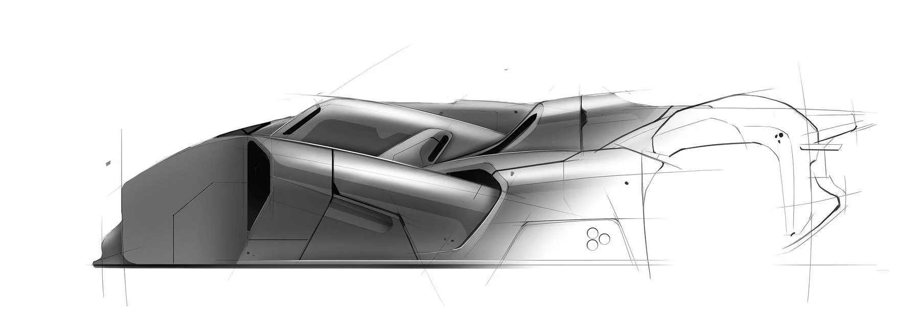 Technical drawing or rendering of a sleek, futuristic sports car with detailed lines and shading.