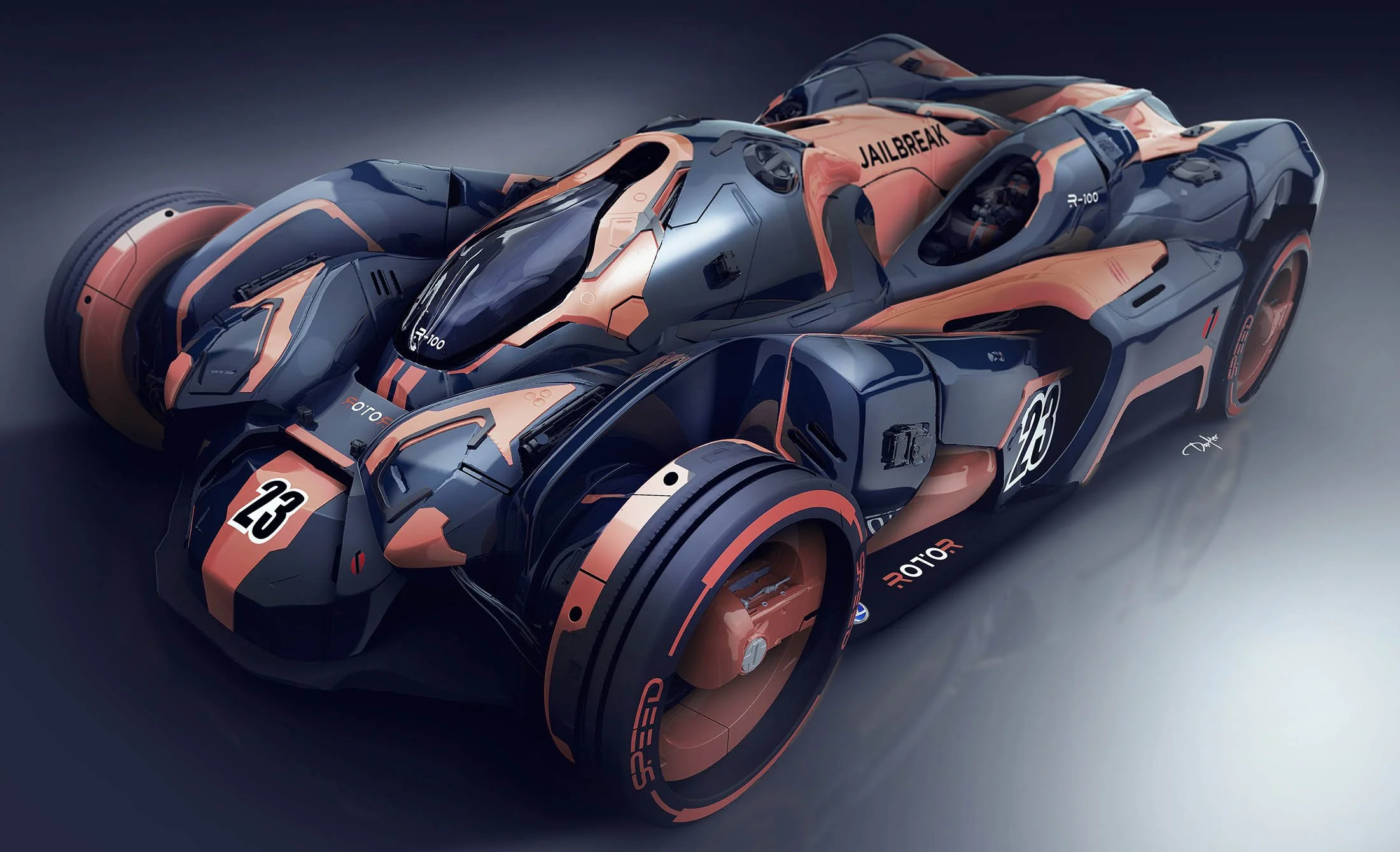 Futuristic race car with black and orange design, featuring the number 23, the word 'JAILBREAK' on the side, and the logo 'R-100'.