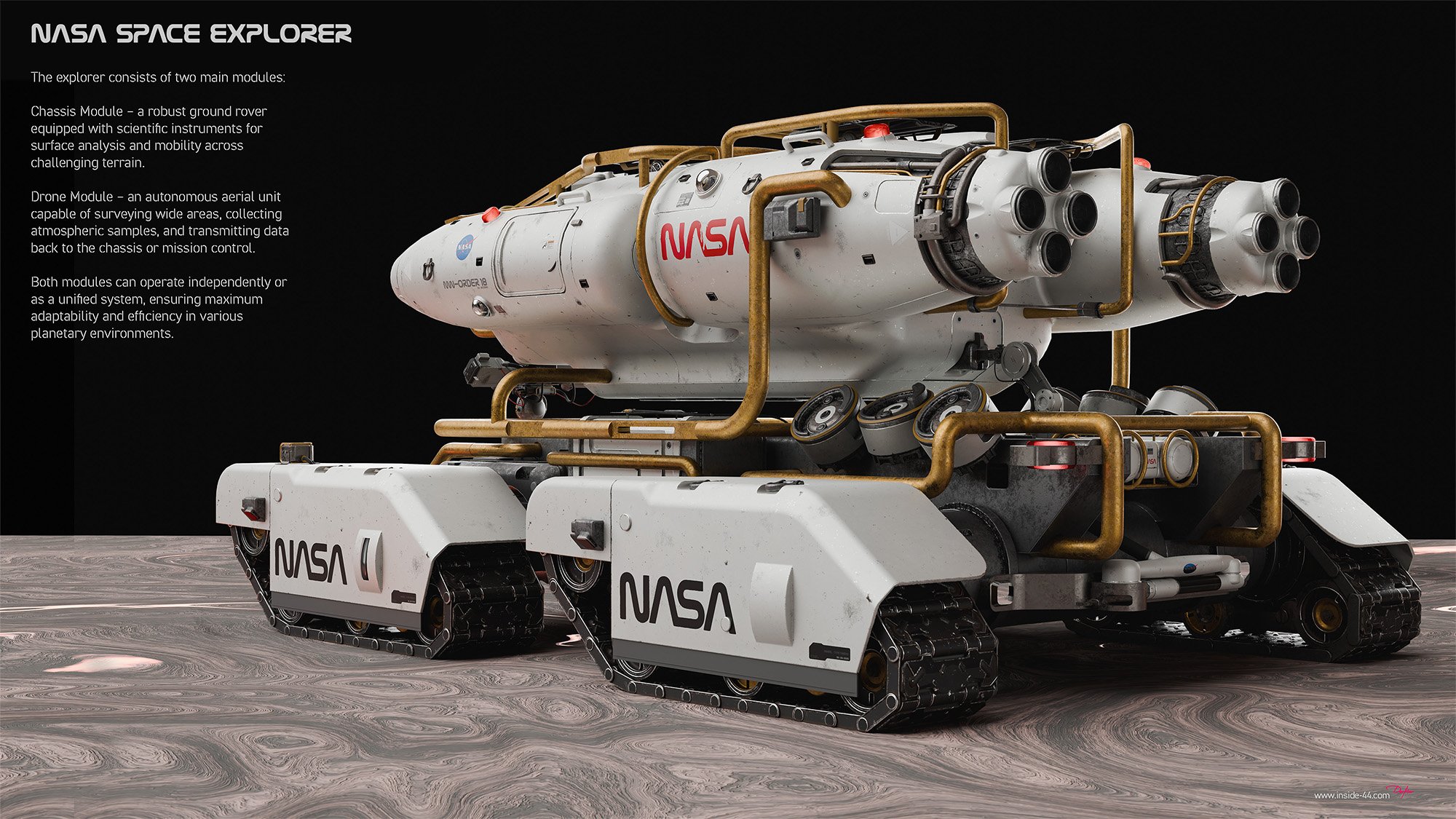 A futuristic NASA space rover with white body and gold-colored piping, featuring multiple thrusters at the rear. The rover has tracks and the NASA logo on its side. It is perched on a textured, rocky surface with a black background and informational text to the left describing its modules.