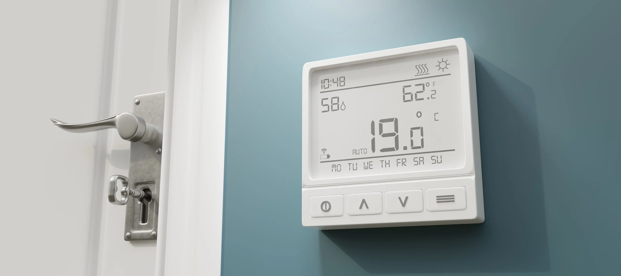 Digital thermostat on a teal wall displaying time, temperature, and other settings.
