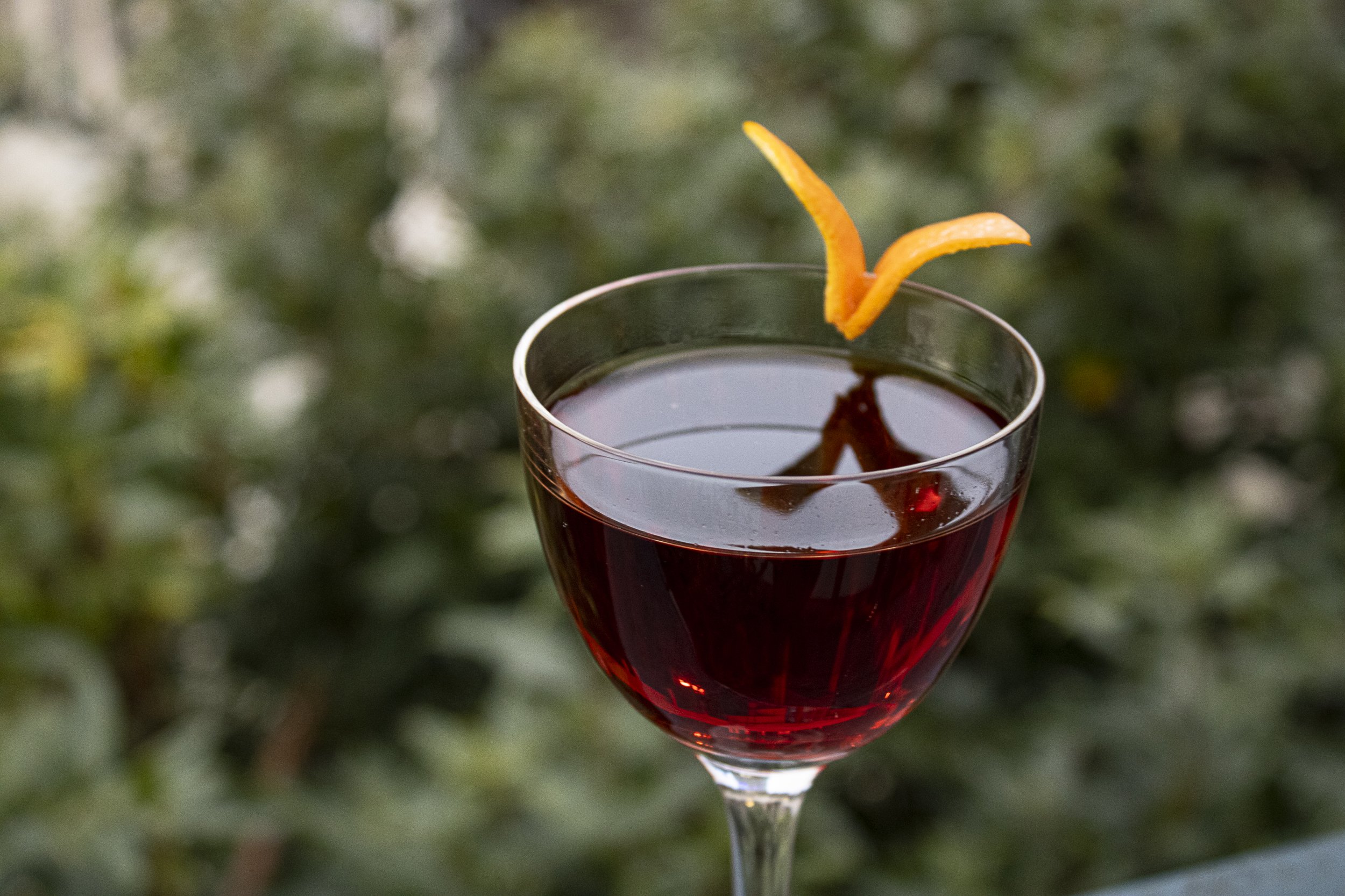 Manhattan with Orange peel, signifying bird. 