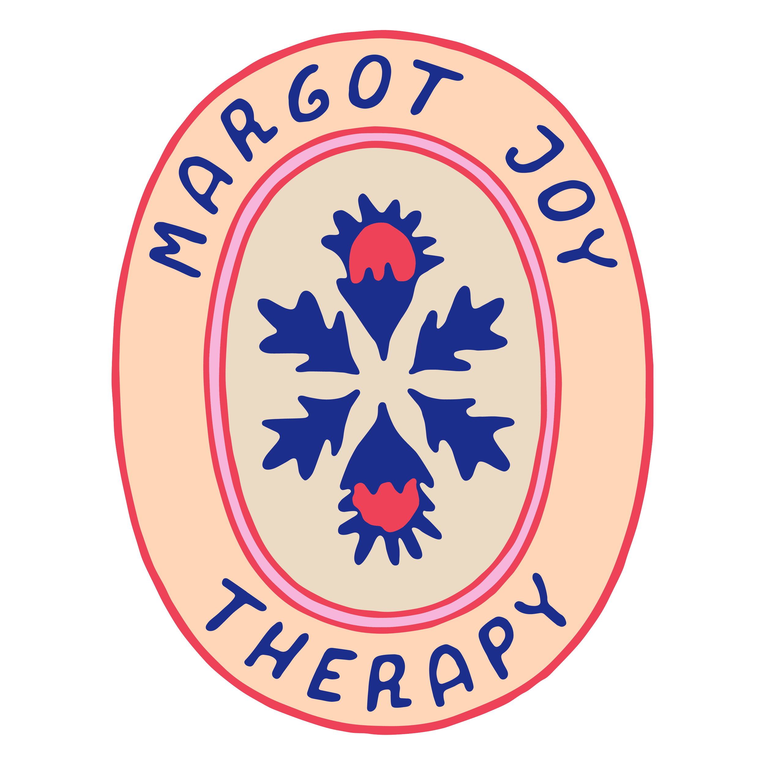 Logo with blue symmetrical floral design and text "Margot Joy Therapy" in a circular layout.