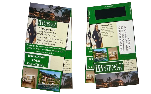 Tourist brochures for Hotel T Hest Riel, featuring images of the hotel pool, rooms, and tropical scenery, with a profile photo of Manager Lina.