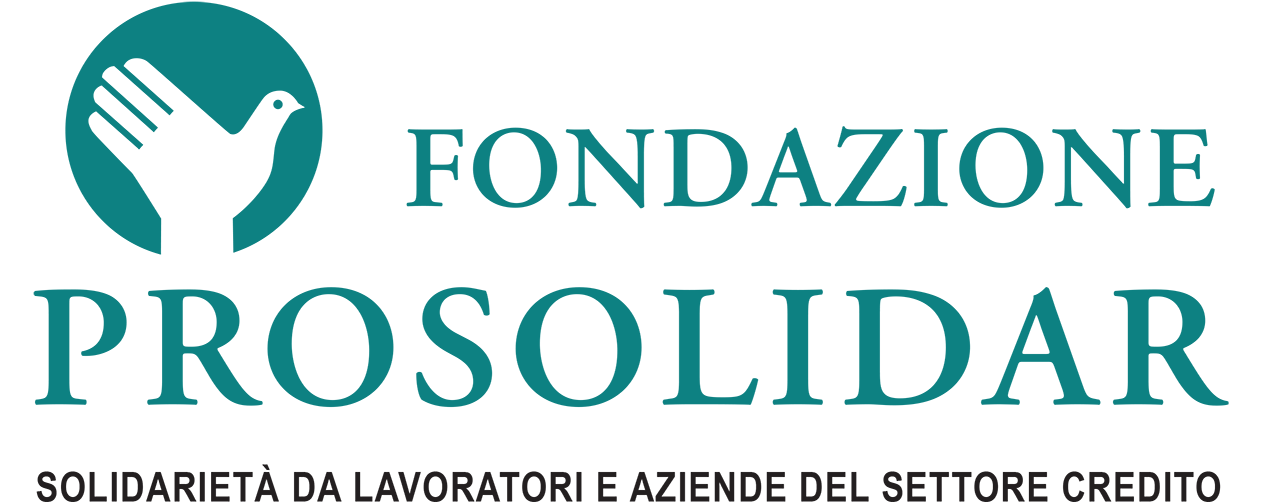 Logo della Fondazione Prosocialar con un'icona di un uccello su una mano stilizzata e il testo 'Fondazione Prosocialar' e 'Solidarietà da lavoratori e aziende del settore credito'.