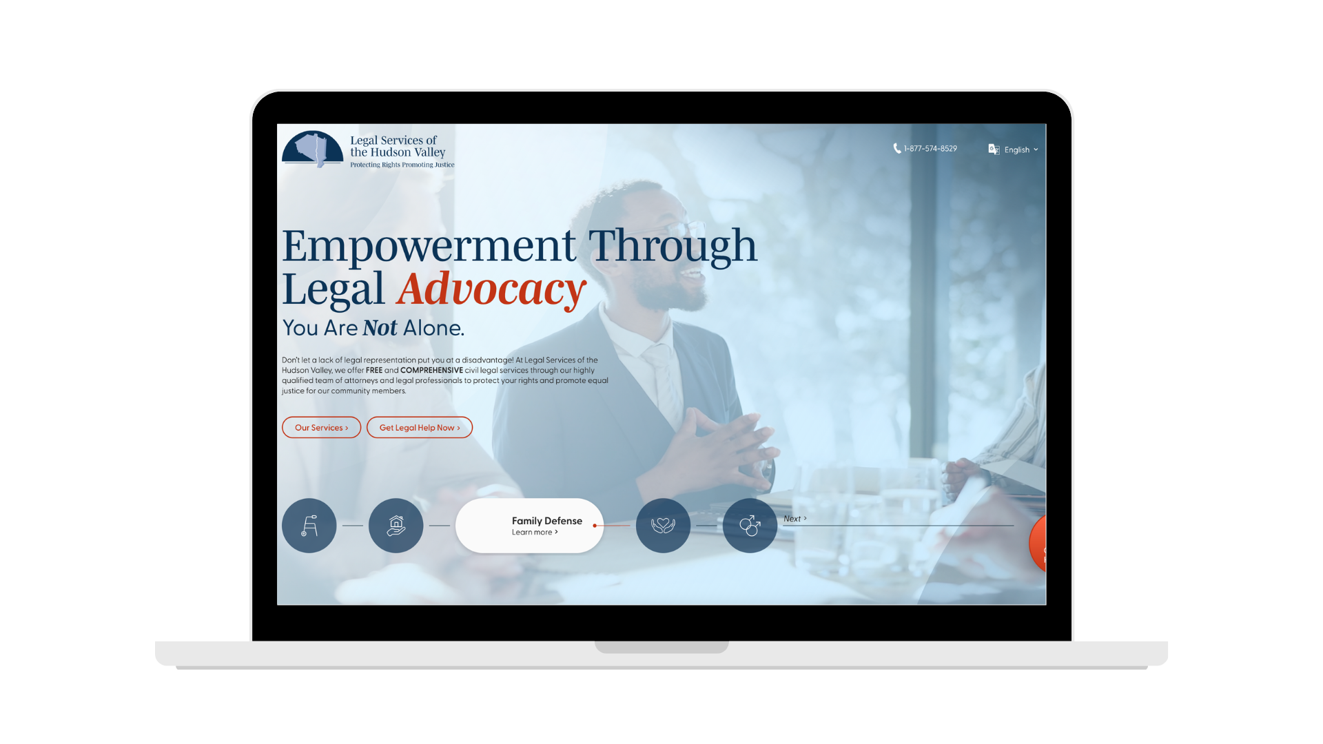 Screenshot of a website homepage for Legal Services of the Hudson Valley with the text "Empowerment Through Legal Advocacy" and a photo of a man in a suit talking to a group of people.