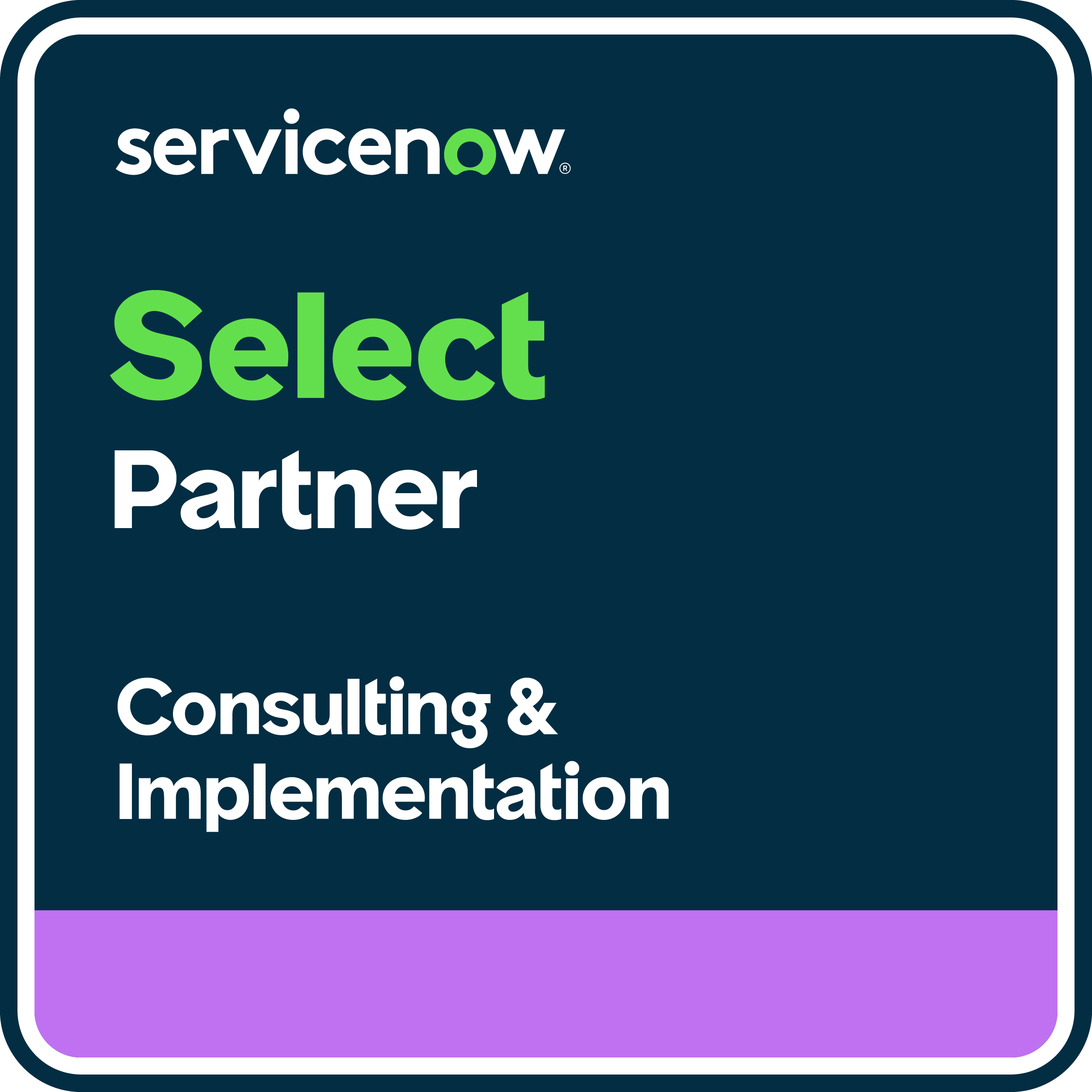 ServiceNow Select Partner Consulting and Implementation badge.
