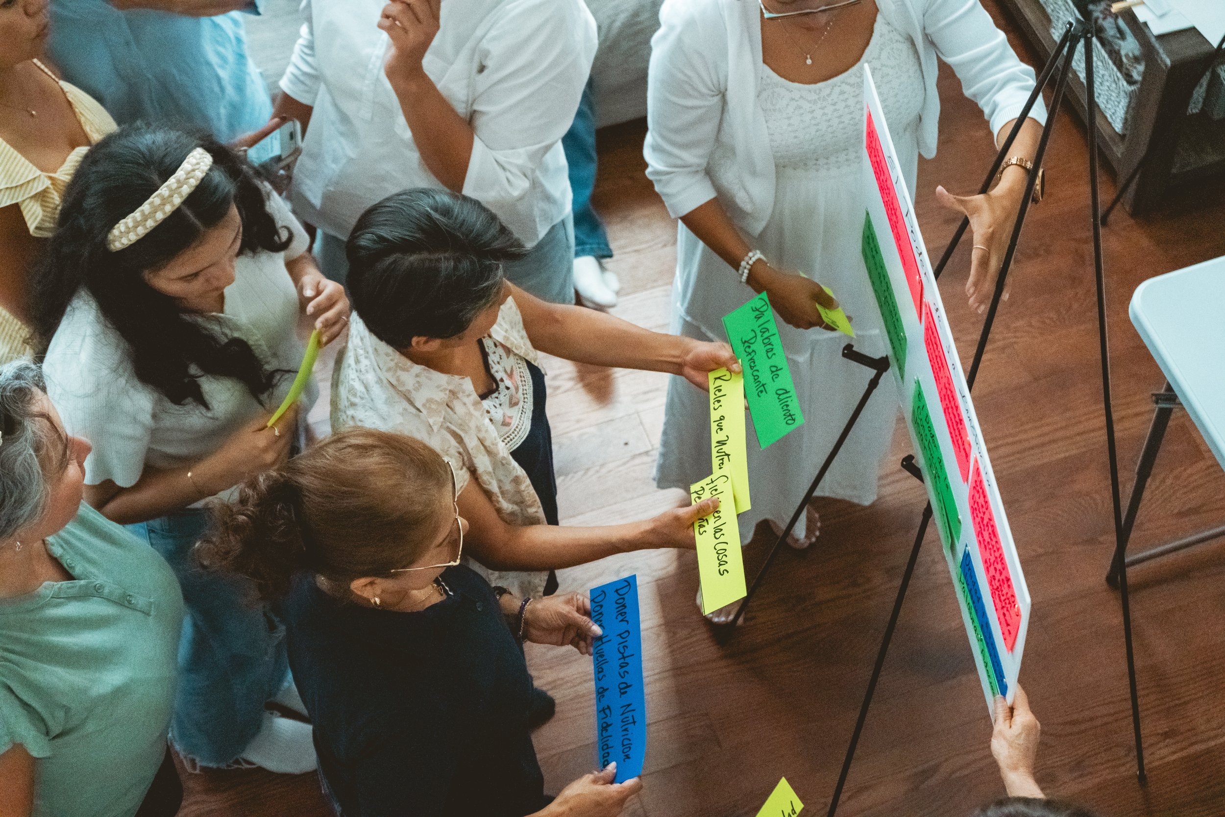 Group of people interacting with a board displaying colorful notes during a workshop or brainstorming session.